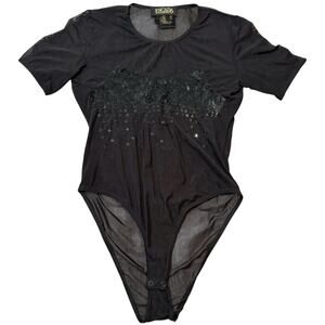 Escada by Margaretha Ley Short Sleeve Mesh Sequin Bodysuit Italy Black Size 36